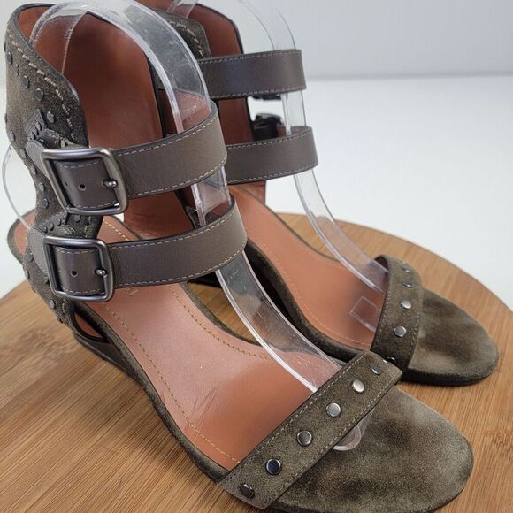 Coach Odessa Leather Suede Wedge 8.5 B Olive Green Buckle 2 Strap Heels‎ - Picture 5 of 16
